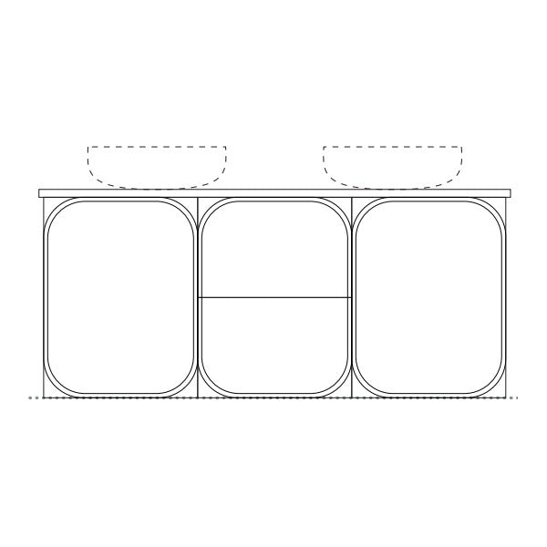 Marquis Port wall hung vanity technical drawing, 3-door front view with twin above-counter basins and solid surface top