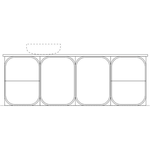 Marquis Port wall hung vanity technical drawing, 4-door front view with Symphony top and basin outline