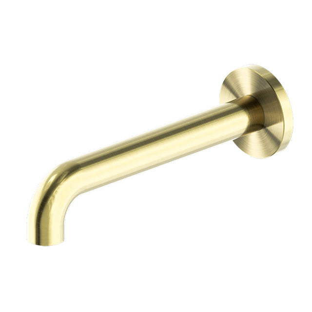 Nero Mecca brushed gold basin/bath spout, wall mounted with round backplate and curved outlet