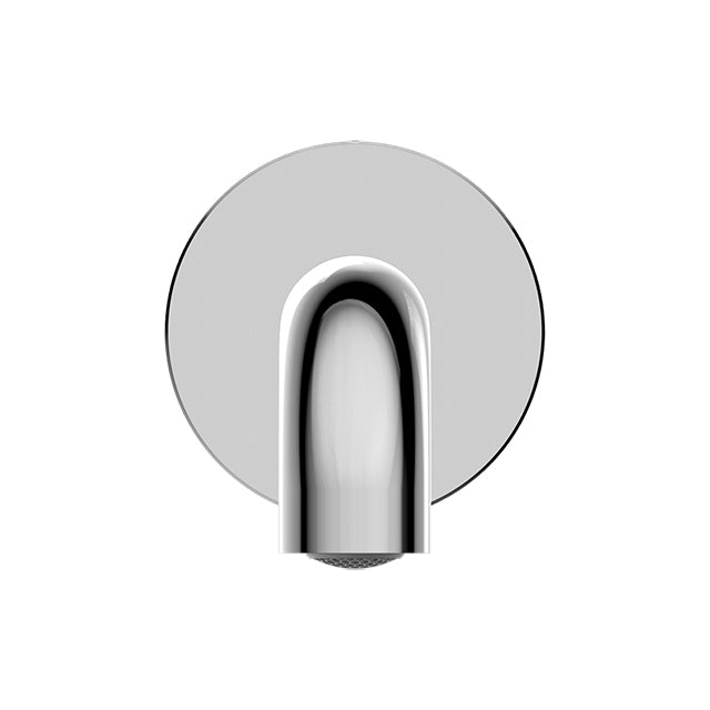 Nero Mecca chrome basin/bath spout, wall-mounted, round backplate and curved outlet front view