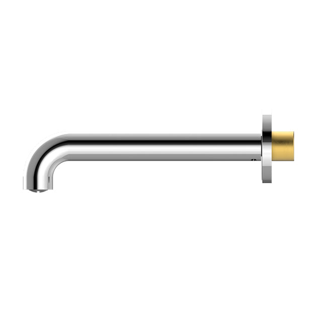 Nero Mecca chrome basin/bath spout, wall-mounted side view with round backplate and curved outlet