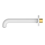 Nero Mecca wall-mounted basin/bath spout in matte white with brass detail, side view on white background