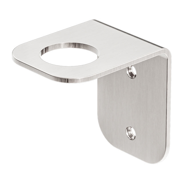 Nero Mecca wall-mounted soap bottle holder, brushed nickel stainless steel, angled bracket view