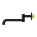Nero Mecca wall-mounted swivel basin/bath spout in matte black, side view with round wall plate and gold fitting