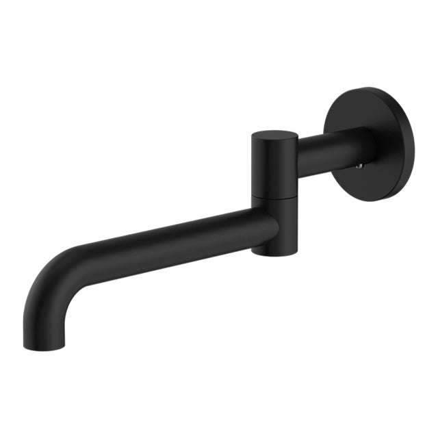 Nero Mecca wall mounted swivel basin/bath spout in matte black, with round wall plate and curved 225mm outlet