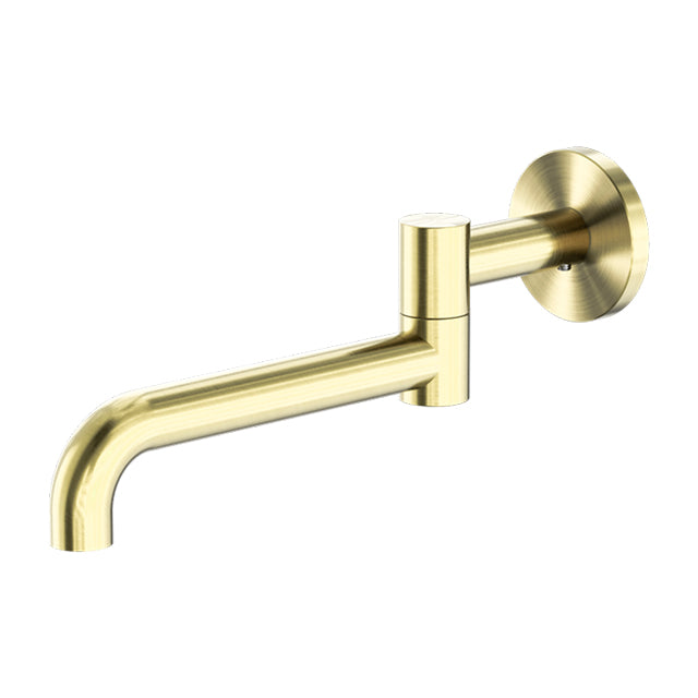 Nero Mecca wall-mounted swivel basin/bath spout in brushed gold, side view with round wall plate and curved outlet