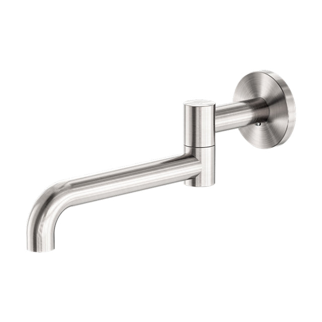 Nero Mecca wall-mounted swivel basin/bath spout 225mm in brushed nickel, side view on white background