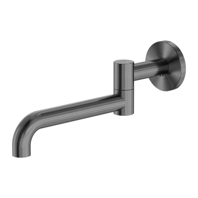 Nero Mecca wall-mounted swivel basin/bath spout in gun metal, with round wall plate and 225mm curved reach