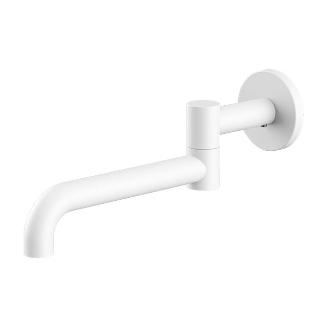 Nero Mecca matte white wall-mounted swivel basin/bath spout with round backplate and 225mm reach