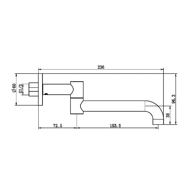 Technical drawing of Nero Mecca wall mounted swivel basin/bath spout in matte black, showing dimensions and side profile