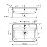 ADP Miya 550 x 390 white semi-inset basin technical drawing, rectangular with single taphole and overflow