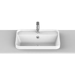ADP Miya white solid surface semi-inset basin with single taphole and overflow, shown front-on in benchtop setting