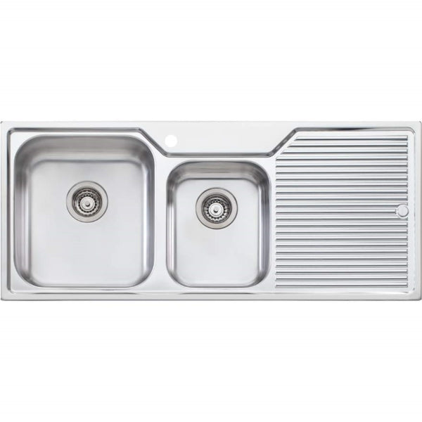 Oliveri Nu-Petite stainless steel 1 & 3/4 bowl topmount kitchen sink with right-hand drainer and 1 tap hole