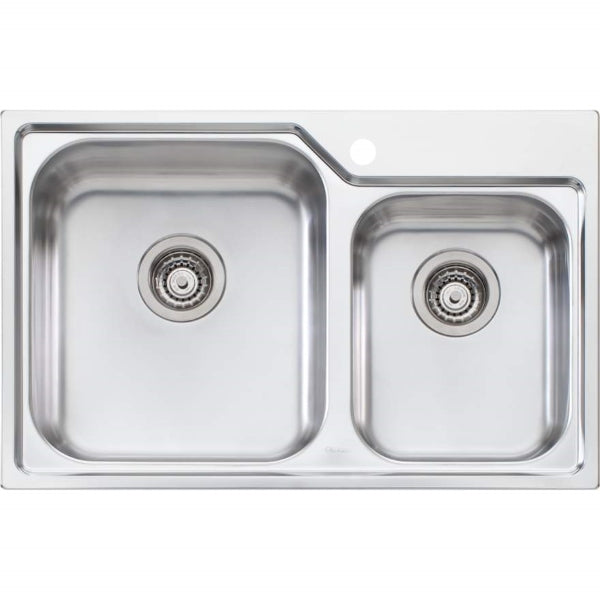 Oliveri Nu-Petite stainless steel topmount kitchen sink, 1 & 3/4 bowl with single tap hole, left-hand main bowl