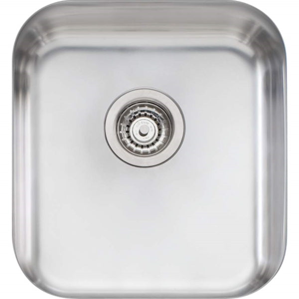 Oliveri Nu-Petite stainless steel single bowl undermount kitchen sink, top view with round waste