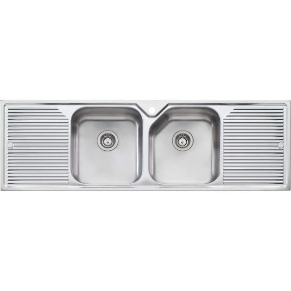 Oliveri stainless steel double bowl topmount kitchen sink with double drainer and 1 tap hole, front view