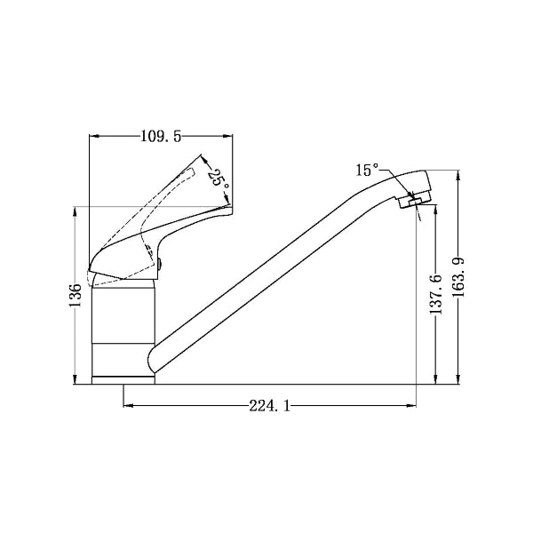 Technical drawing of Nero Classic kitchen mixer tap in chrome, showing side profile and dimensions with angled spout.