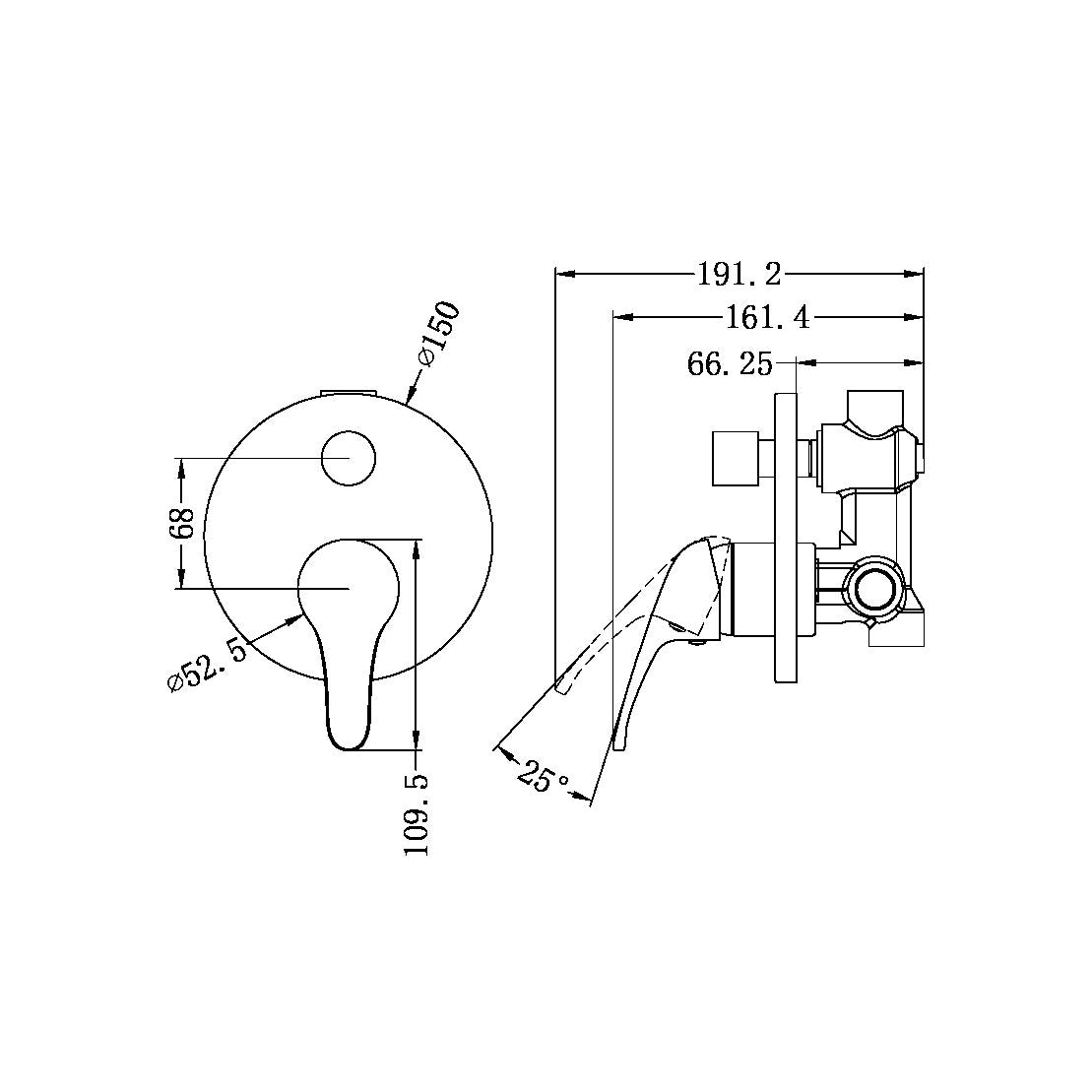Technical drawing of Nero Classic shower mixer with diverter, chrome, front and side views with dimensions