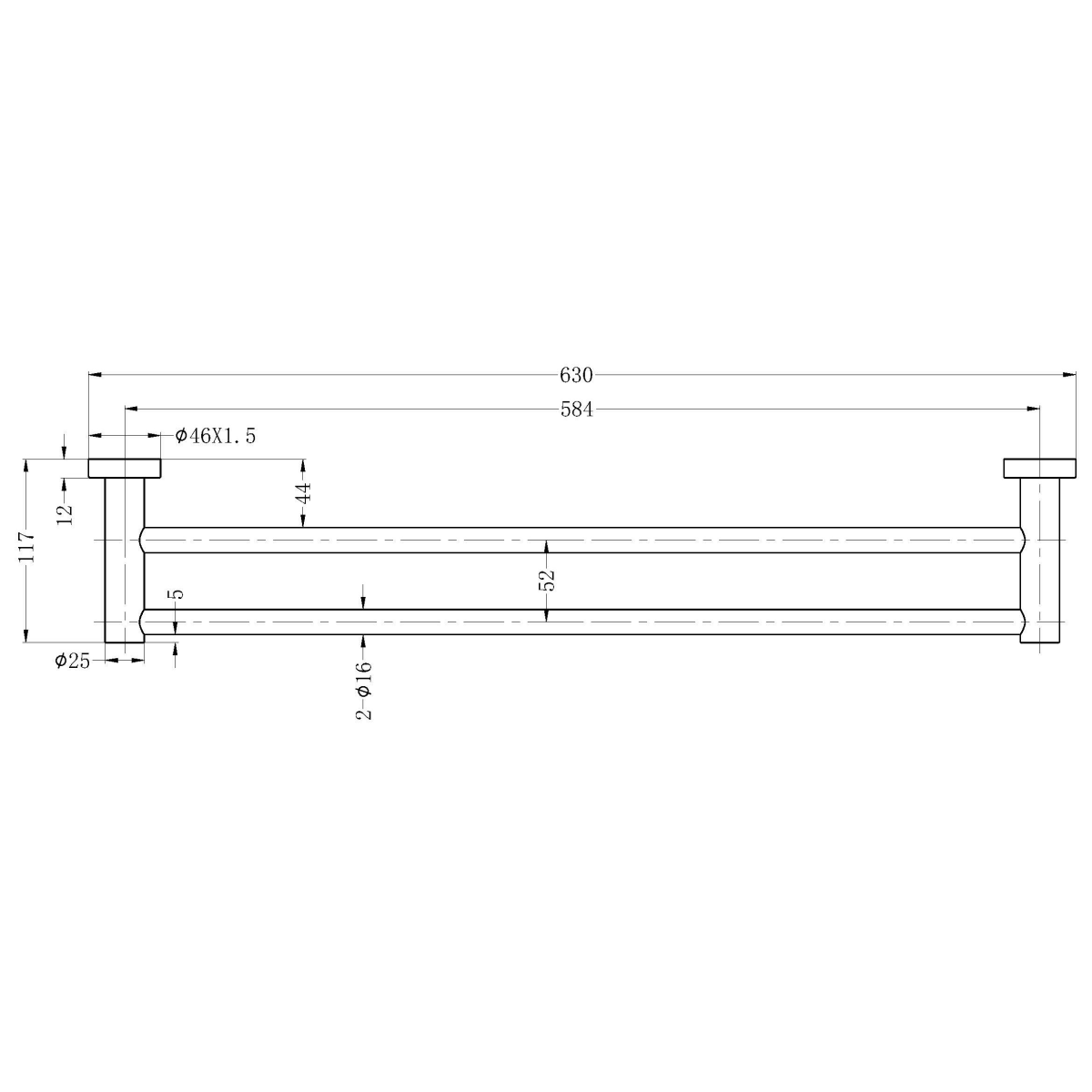 Nero Mecca double towel rail technical drawing, 600mm brushed gold, showing front view and dimensions