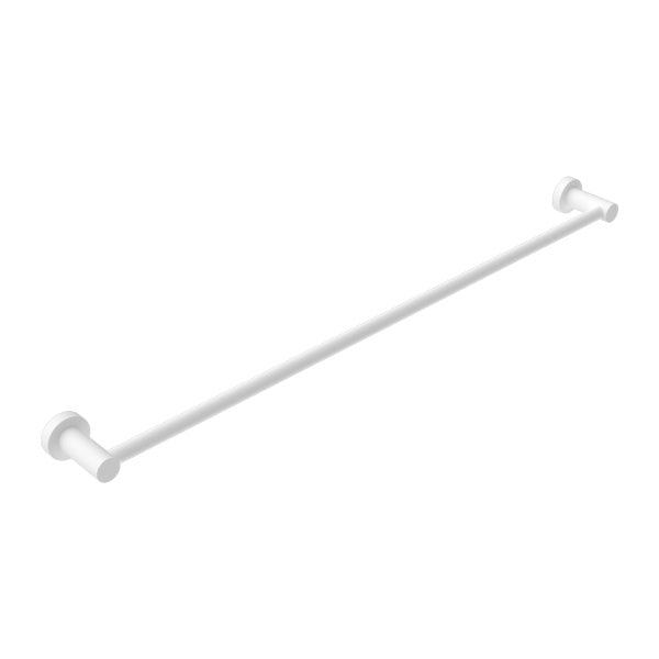 Nero Mecca 800mm single towel rail in matte white, shown at an angle on a white background