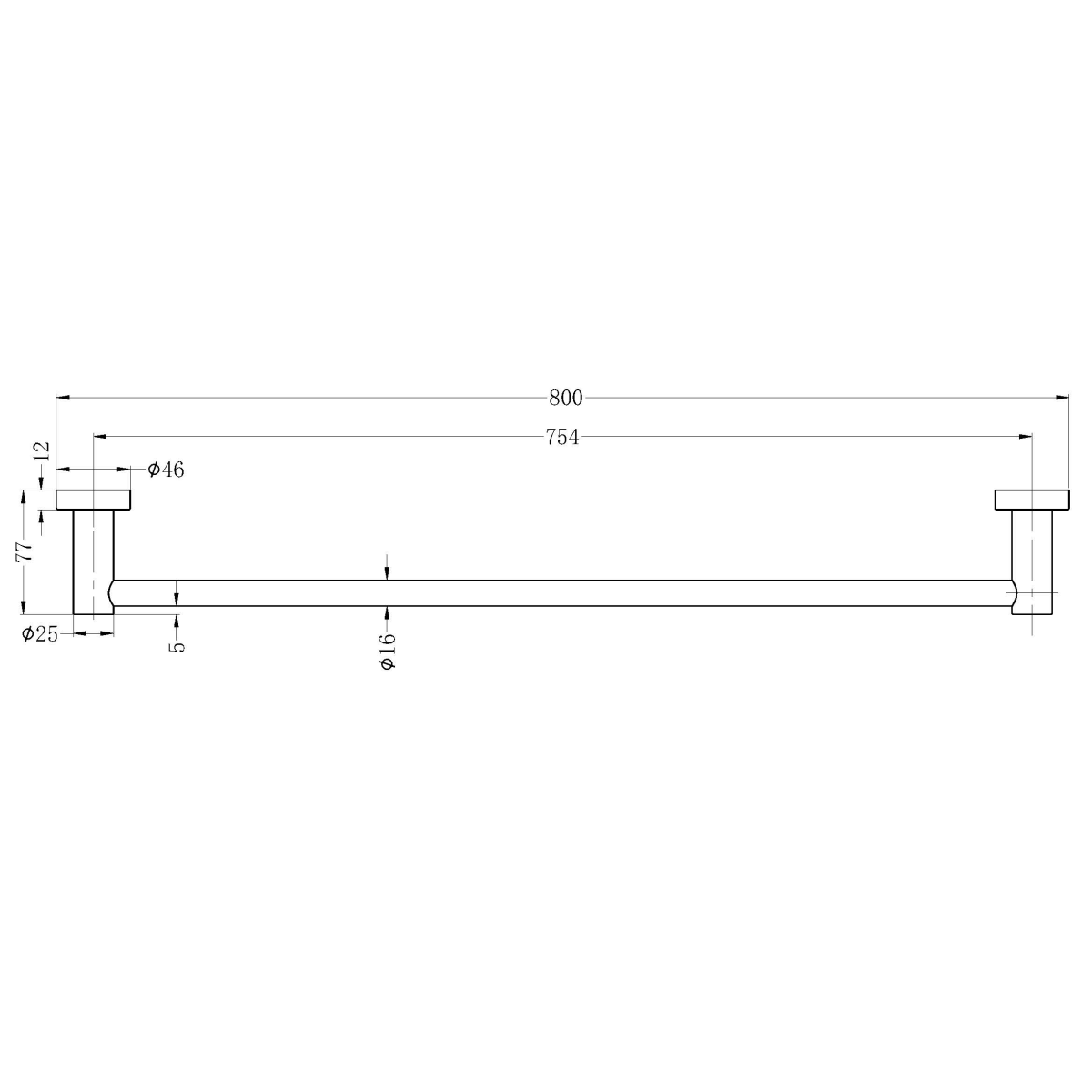 Technical drawing of Nero Mecca single towel rail, 800mm, matte white, with dimensions shown
