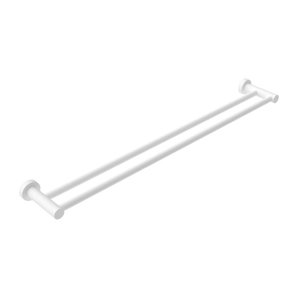 Nero Mecca double towel rail, 800mm, matte white, with dual bars and round wall mounts on white background