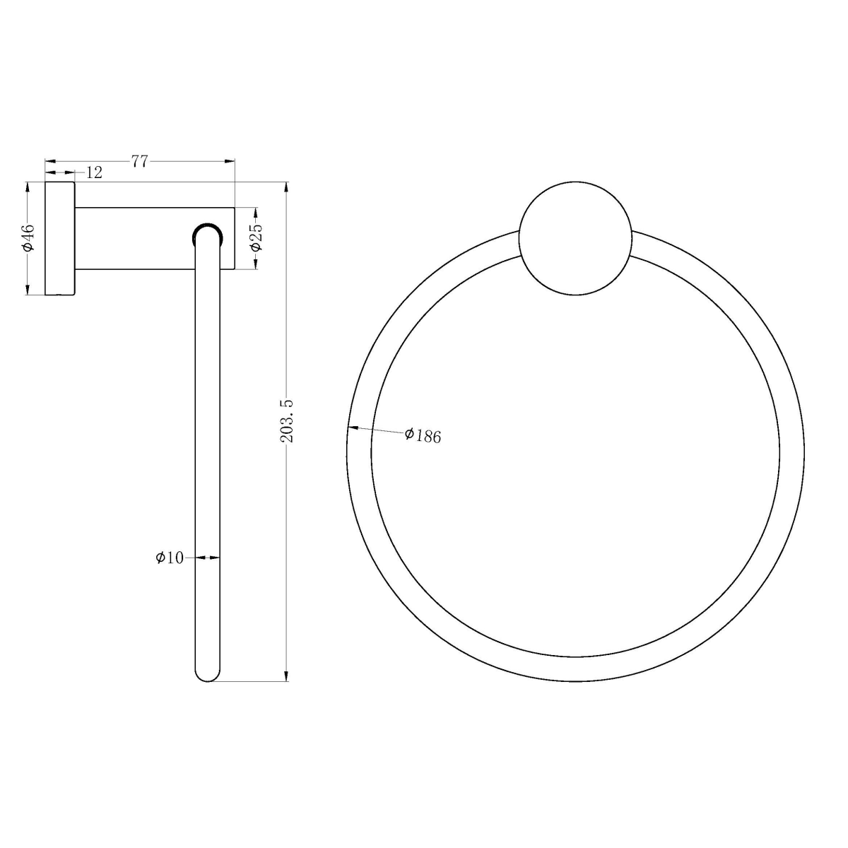 Nero Mecca gun metal hand towel ring technical drawing with dimensions, front and side views