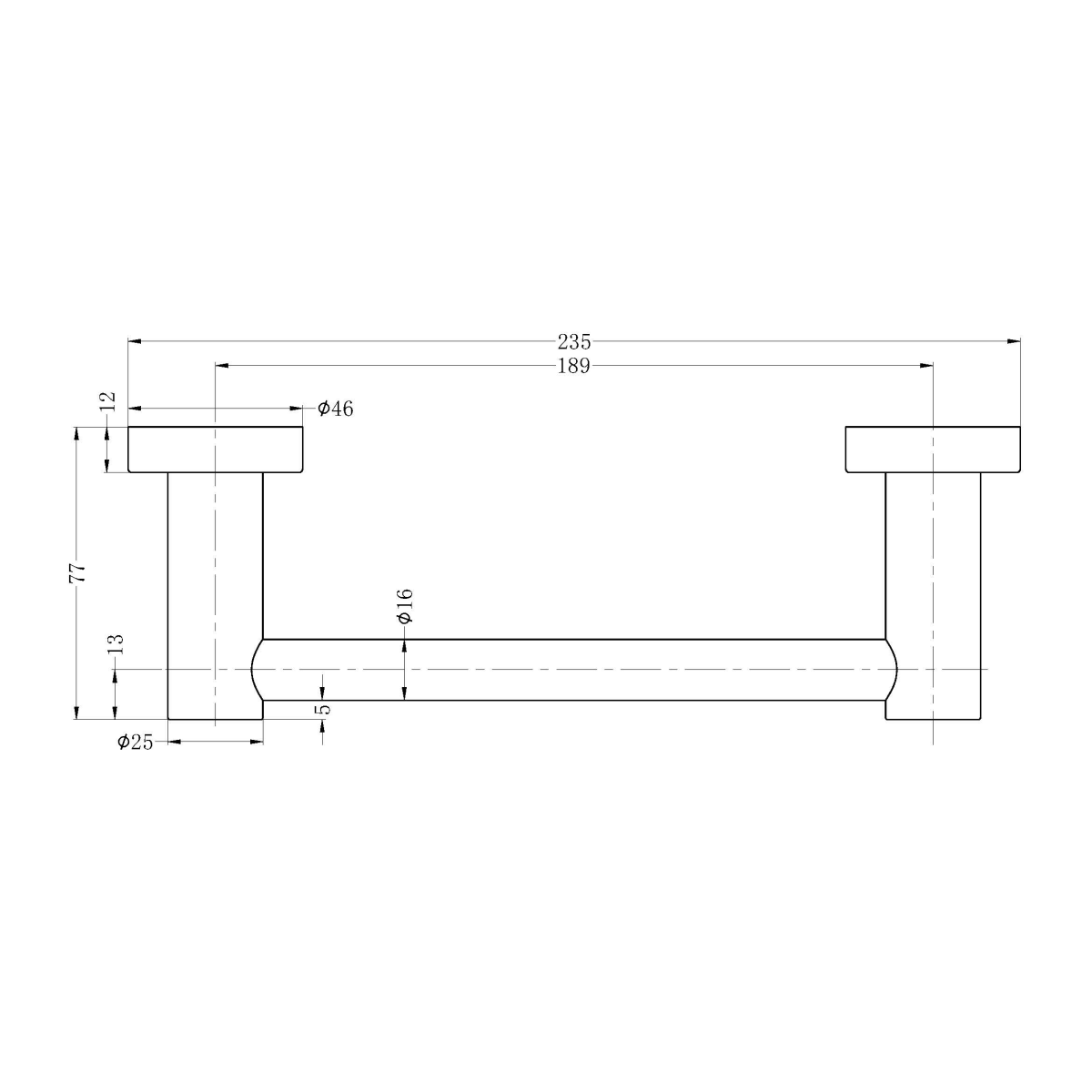 Nero Mecca matte white hand towel rail technical drawing with dimensions and side view