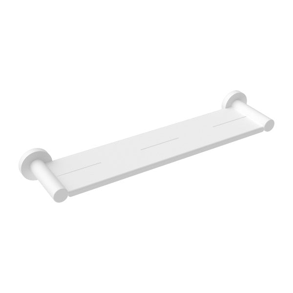 Nero Mecca metal shower shelf in matte white, wall-mounted bathroom shelf with rounded ends and raised rails
