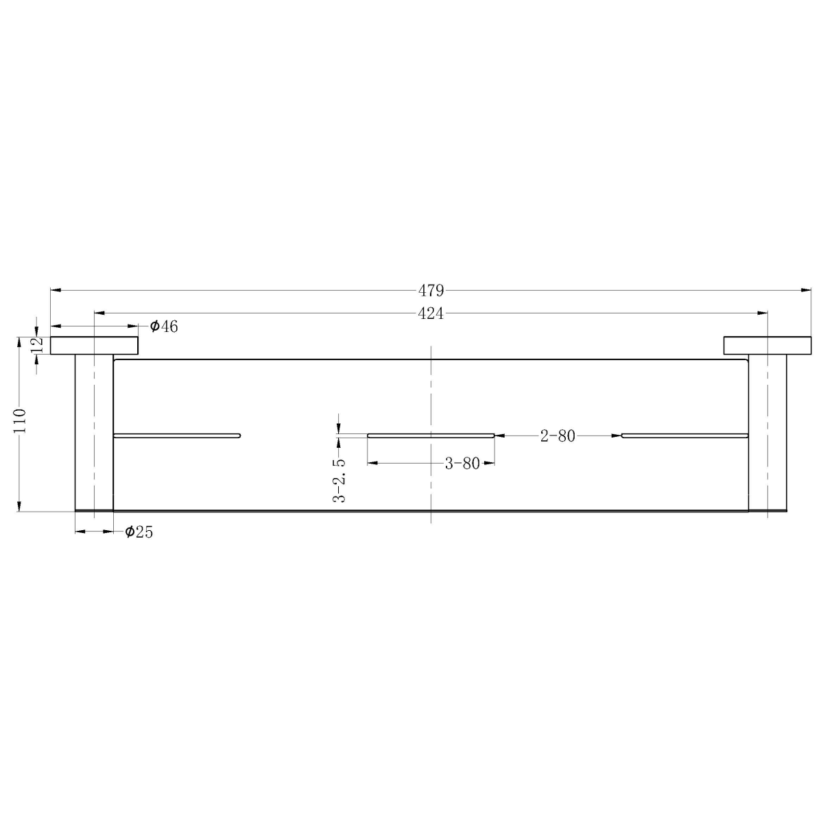 Nero Mecca gunmetal shower shelf technical drawing with dimensions shown