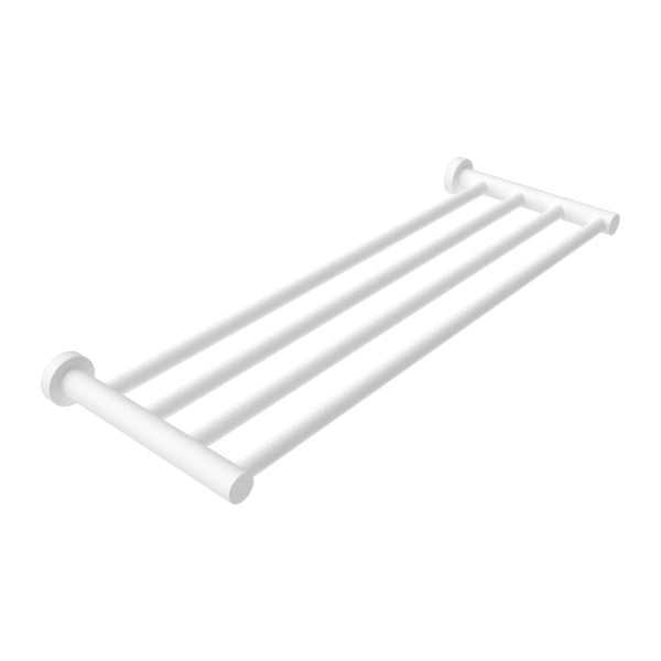 Nero Mecca matte white towel rack with four rails, wall-mounted bathroom accessory in angled view