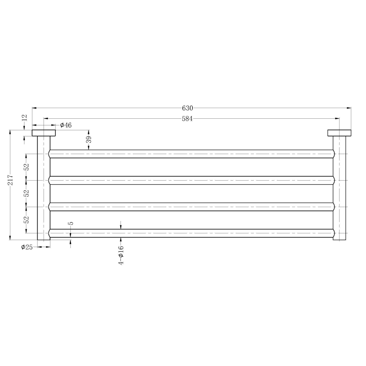Technical drawing of Nero Mecca towel rack in matte white, showing 630 mm width and 217 mm depth with mounting measurements.