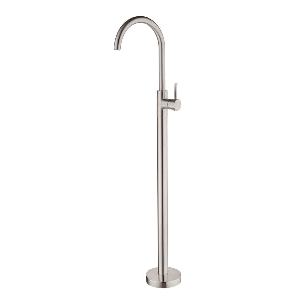 Nero Mecca freestanding bath mixer in brushed nickel, floor-mounted tap with curved spout and round base.