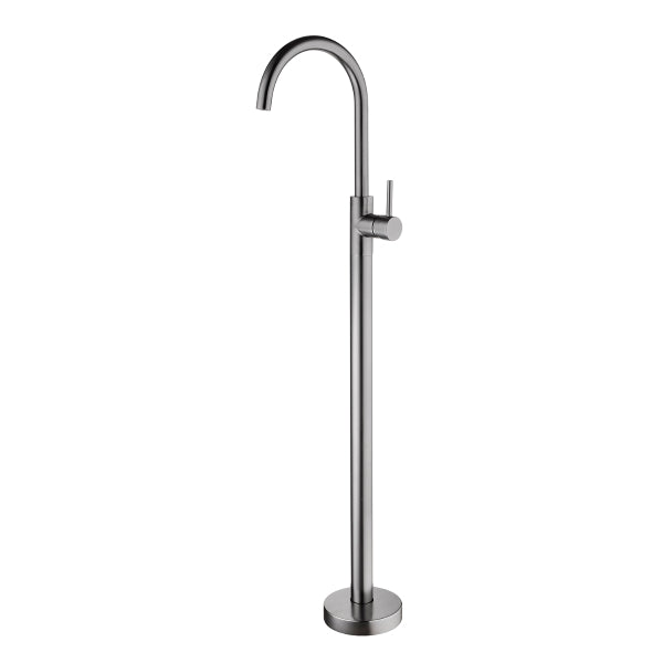 Nero Mecca freestanding bath mixer in gun metal, floor-mounted with curved spout and side lever on round base