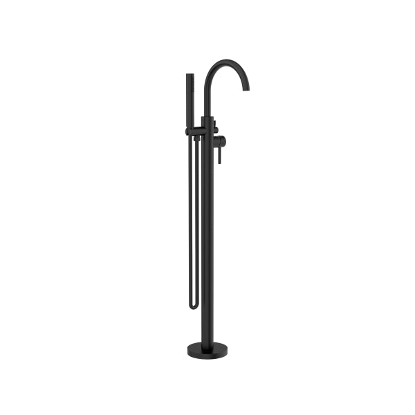 Nero Mecca round freestanding mixer tap with hand shower, matte black floor-mounted bath filler, front view
