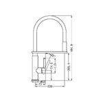 Nero Rit chrome pull out sink mixer technical drawing with dimensions and side profile