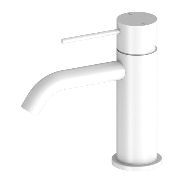 Nero Mecca basin mixer tap in matte white, slim cylindrical design with curved spout and side lever