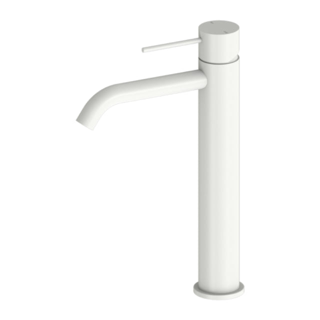 Nero Mecca tall basin mixer in white with curved spout and lever handle, shown on white background