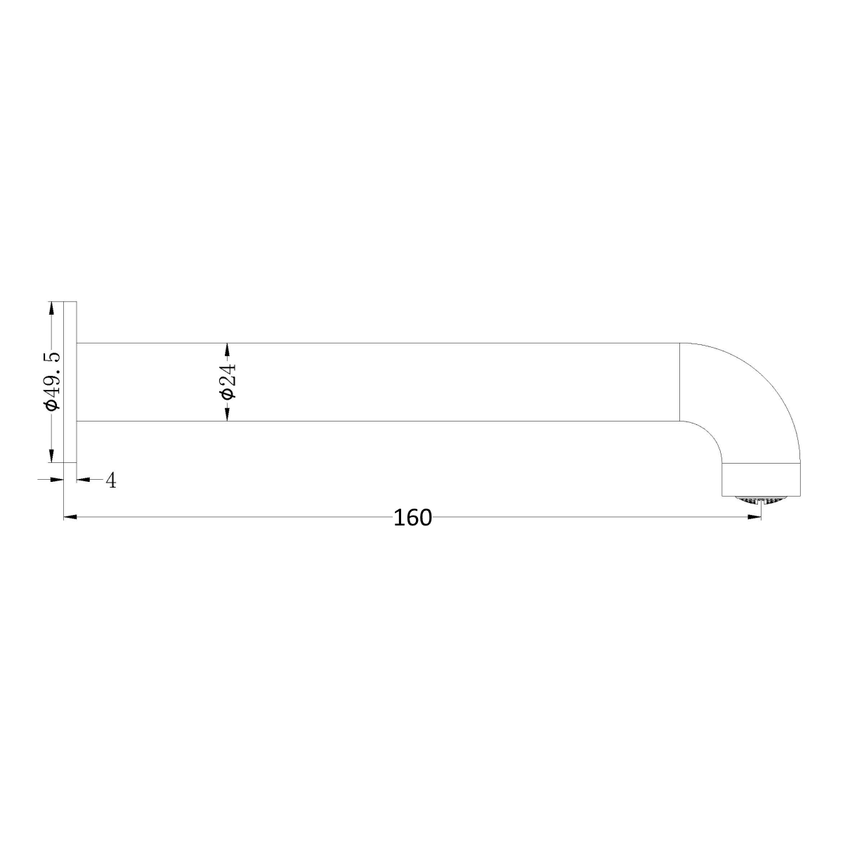Technical drawing of Nero Mecca basin/bath spout, 160mm, brushed nickel, side view with dimensions shown