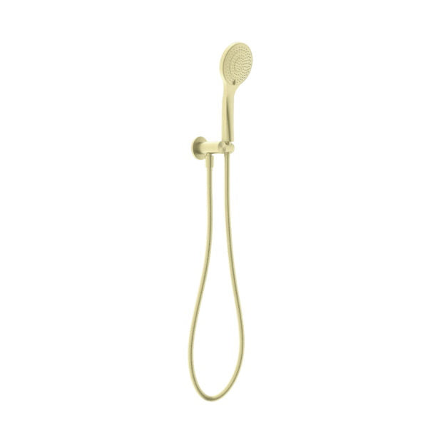 Nero Mecca hand shower on wall bracket in brushed gold, with hose and round shower head on a white background