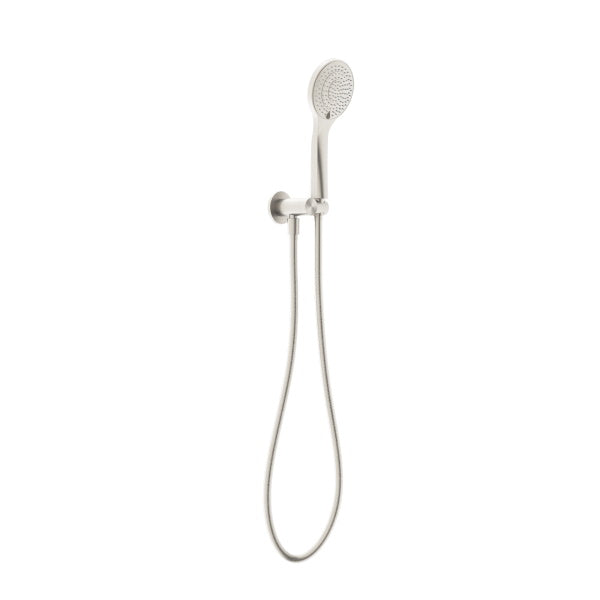 Nero Mecca hand shower on wall bracket in brushed nickel, shown against a white background with hose and round shower head