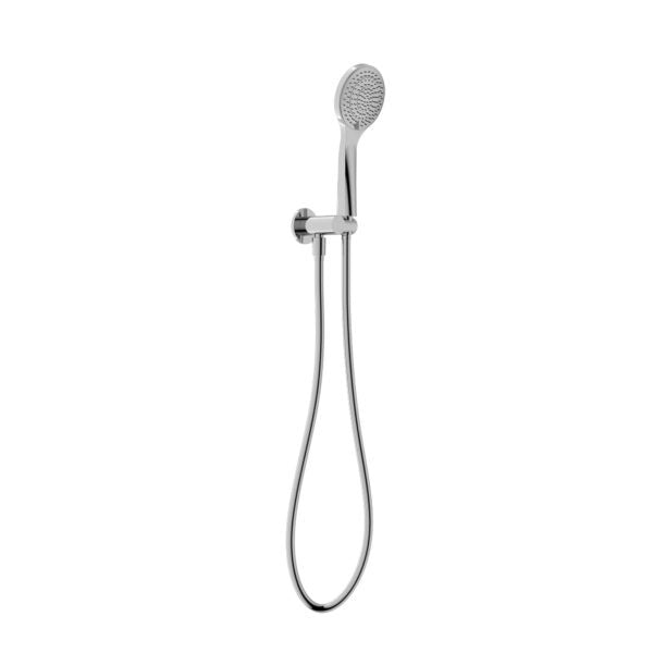 Nero Mecca chrome hand shower on wall bracket with hose, shown front on a white background