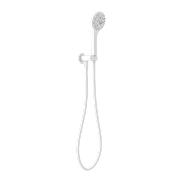 Nero Mecca matte white hand shower on wall bracket with hose, shown front on a white background