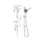 Nero Mecca chrome rail shower technical drawing with hand shower, hose and dimensions