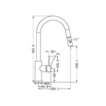 Technical drawing of Nero Mecca pull out sink mixer in matte black, showing side view with dimensions and spray angle measurements