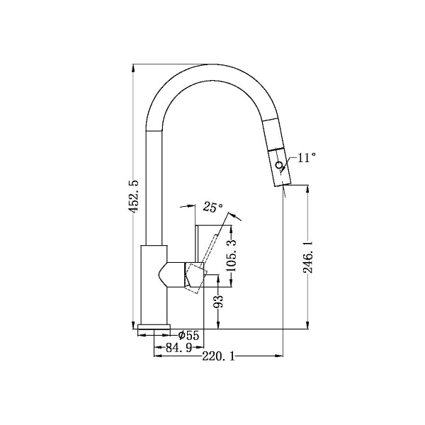 Technical drawing of Nero Mecca pull out sink mixer in matte black, showing side view with dimensions and spray angle measurements