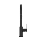 Nero Mecca pull out sink mixer in matte black, front view, with slim vegie spray handle and lever side control