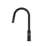 Nero Mecca pull out sink mixer in matte black, with curved gooseneck spout and round handle on white background