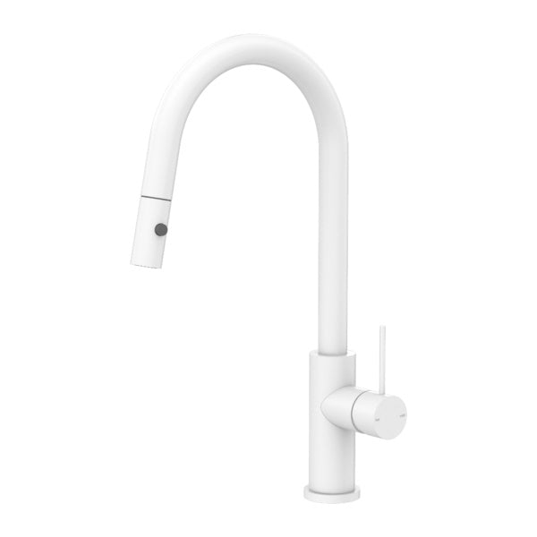 Nero Mecca pull out sink mixer in matte white, with high arched gooseneck spout and side lever, on white background