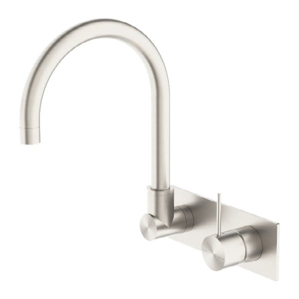 Nero Mecca wall basin/bath mixer with swivel spout and handle up in brushed nickel on rectangular wall plate